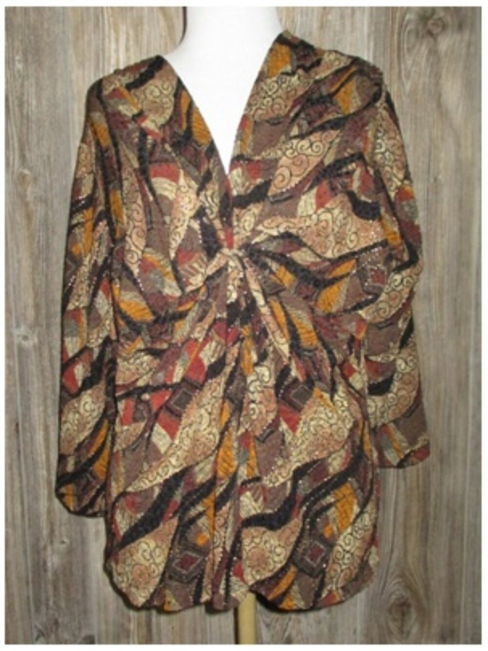 Laura Ashley Brown Metallic Gold Print Stretchy Pleated Top Womens Petite Large
